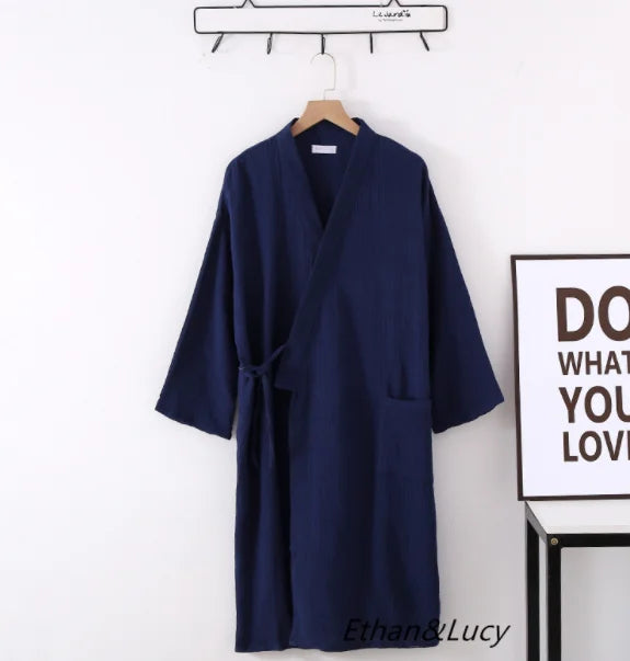 Lightweight Japanese Kimono Robe for Men & Women, Cotton Crepe Sleepwear Bathrobe for Spring & Autumn