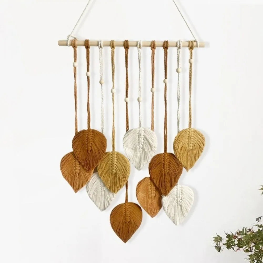 Boho Cotton Macrame Wall Decor – Handmade Leaf Tapestry, Woven Wall Hanging Art & Aesthetic Home Pendant Gift