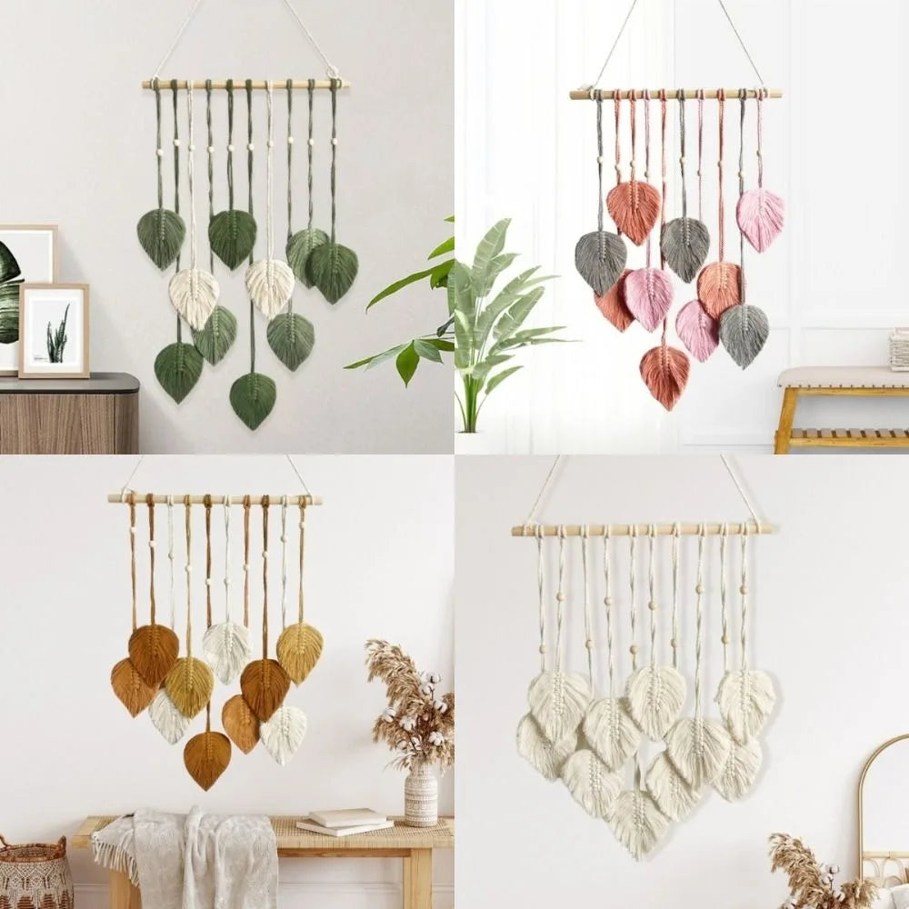 Boho Cotton Macrame Wall Decor – Handmade Leaf Tapestry, Woven Wall Hanging Art & Aesthetic Home Pendant Gift