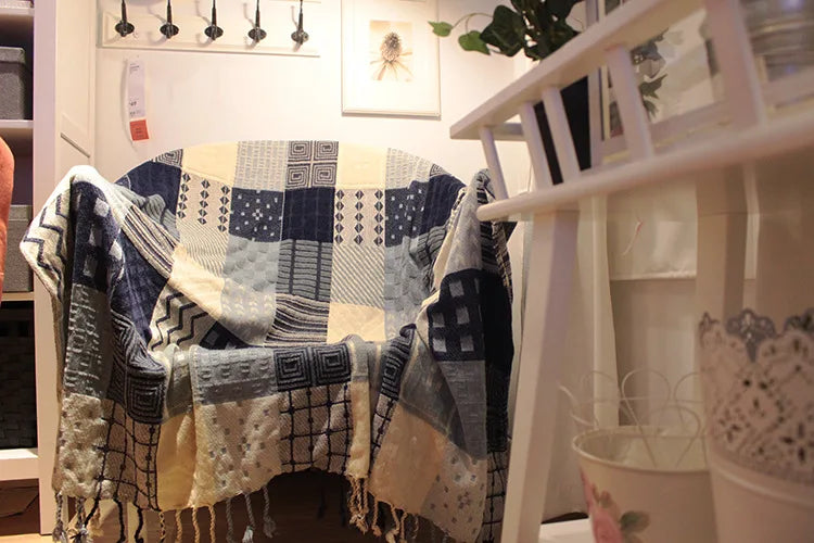 Mediterranean Bohemian Chenille Sofa Throw – Colorful Plaid Blanket with Tassels