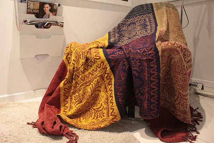 Mediterranean Bohemian Chenille Sofa Throw – Colorful Plaid Blanket with Tassels