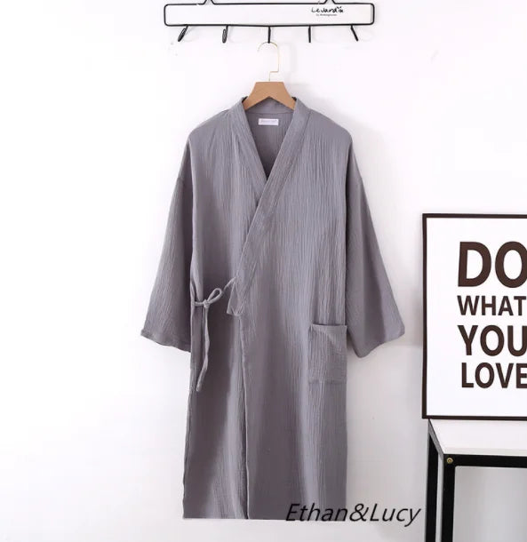 Lightweight Japanese Kimono Robe for Men & Women, Cotton Crepe Sleepwear Bathrobe for Spring & Autumn