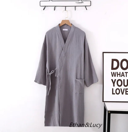 Lightweight Japanese Kimono Robe for Men & Women, Cotton Crepe Sleepwear Bathrobe for Spring & Autumn