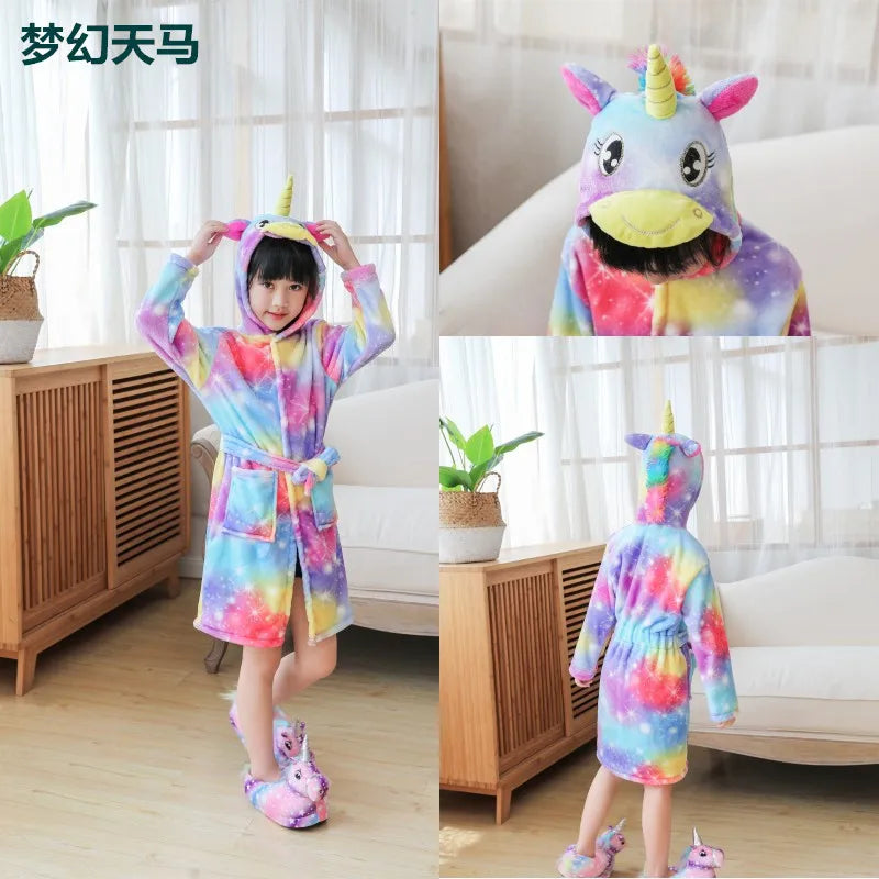 Children Bathrobe Unicorn Kigurumi Pajamas – Hooded Fleece Kids Bath Robe Nightgown for Girls Boys Baby