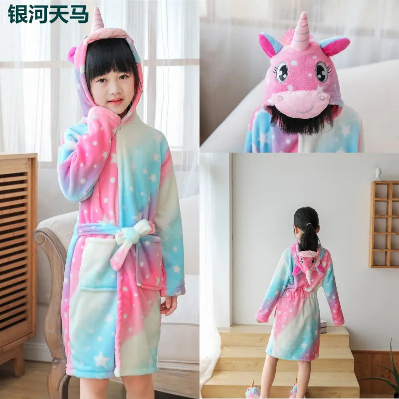 Children Bathrobe Unicorn Kigurumi Pajamas – Hooded Fleece Kids Bath Robe Nightgown for Girls Boys Baby