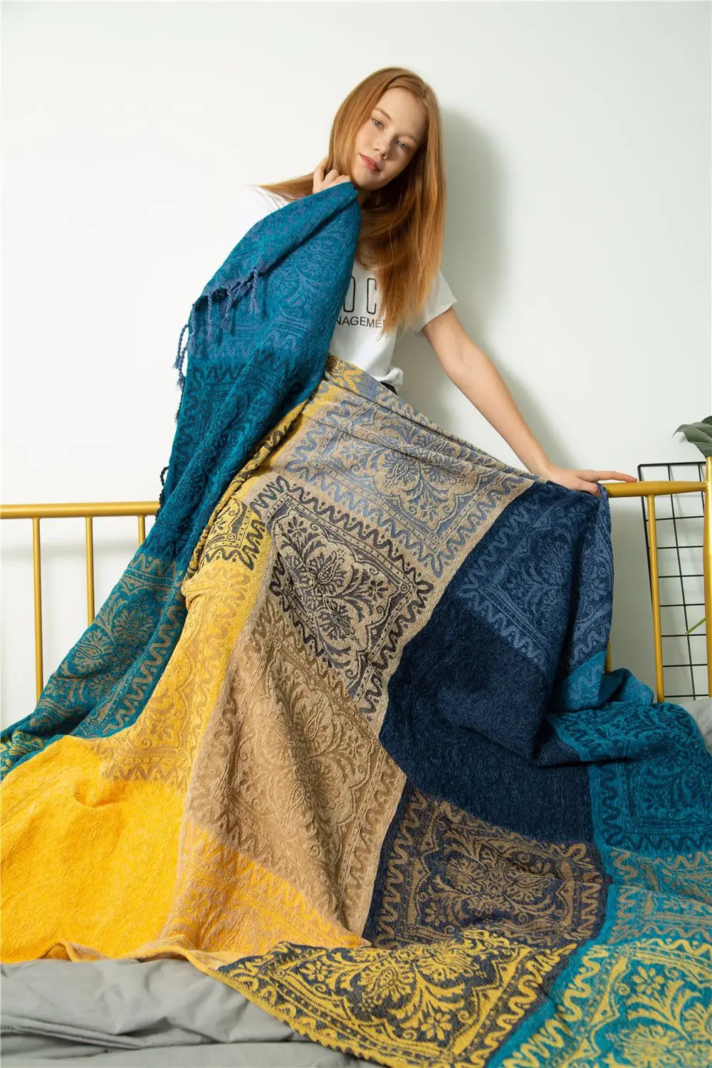 Mediterranean Bohemian Chenille Sofa Throw – Colorful Plaid Blanket with Tassels
