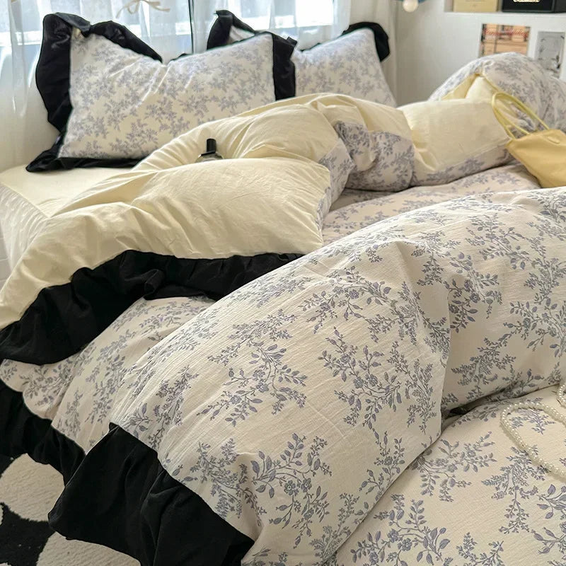 1.5m 1.8m Korean Style Cotton Fitted Sheet Set, Lace Floral Print Bedding for All Seasons – Adults & Kids