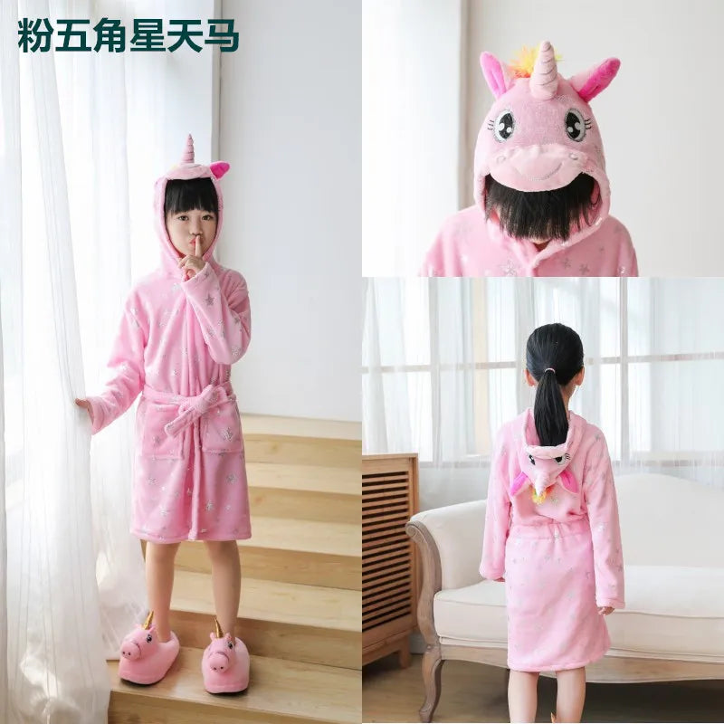 Children Bathrobe Unicorn Kigurumi Pajamas – Hooded Fleece Kids Bath Robe Nightgown for Girls Boys Baby