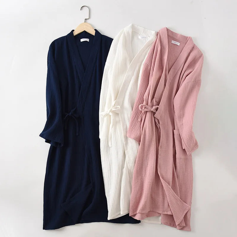 Lightweight Japanese Kimono Robe for Men & Women, Cotton Crepe Sleepwear Bathrobe for Spring & Autumn