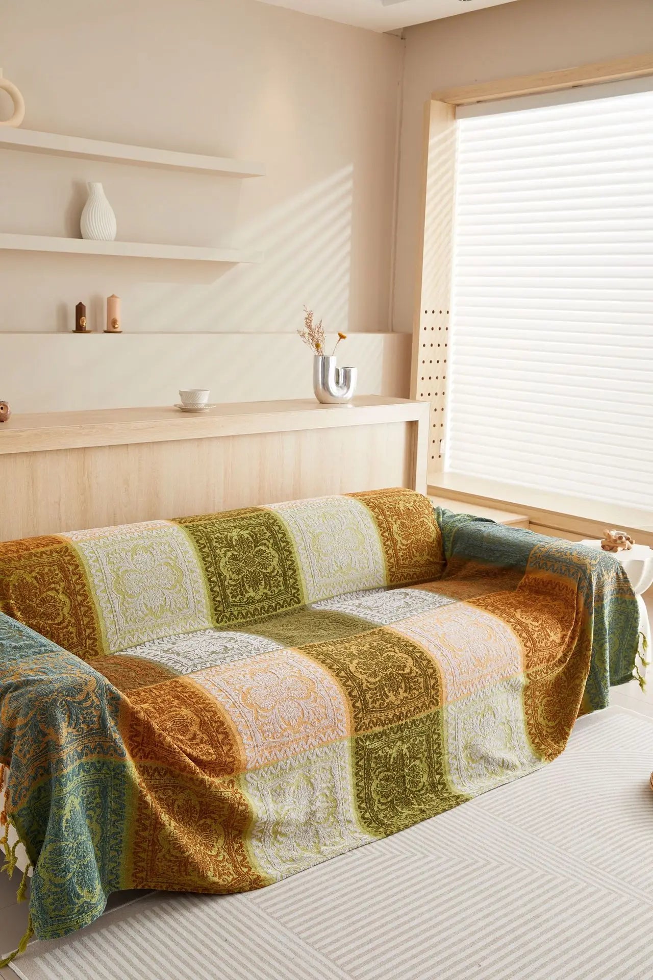 Mediterranean Bohemian Chenille Sofa Throw – Colorful Plaid Blanket with Tassels