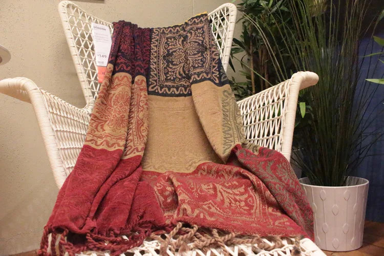 Mediterranean Bohemian Chenille Sofa Throw – Colorful Plaid Blanket with Tassels