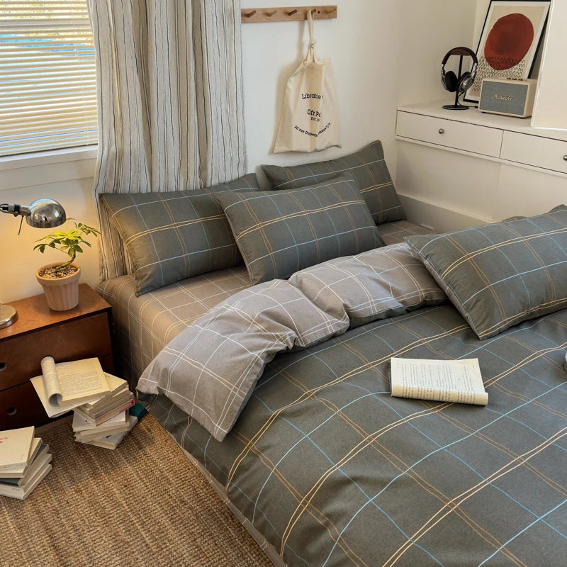 100% Cotton Plaid Style Duvet Cover Set with 2 Pillowcases - Soft & Breathable Bedding Set, Hypoallergenic, Easy Care