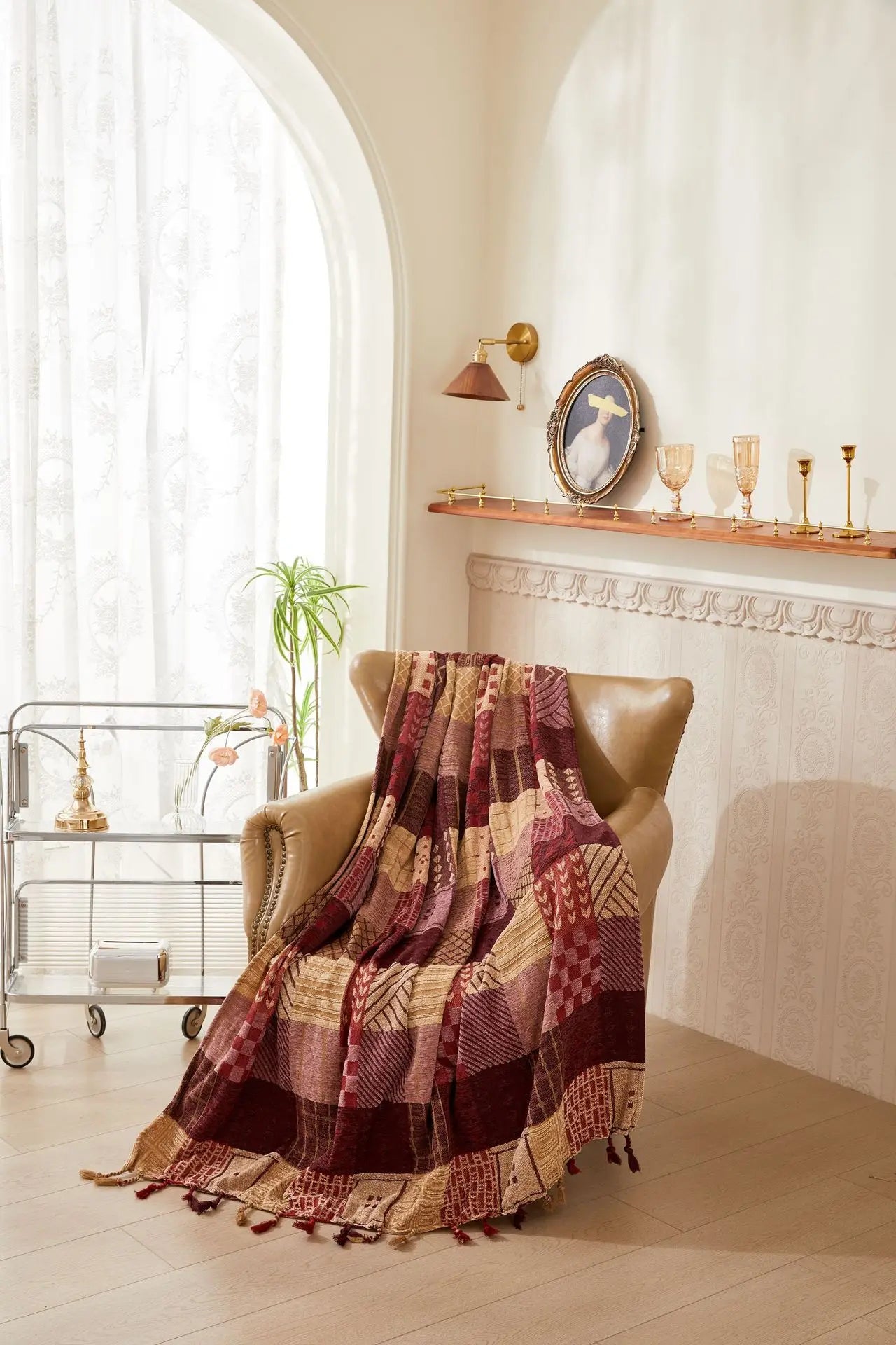 Mediterranean Bohemian Chenille Sofa Throw – Colorful Plaid Blanket with Tassels