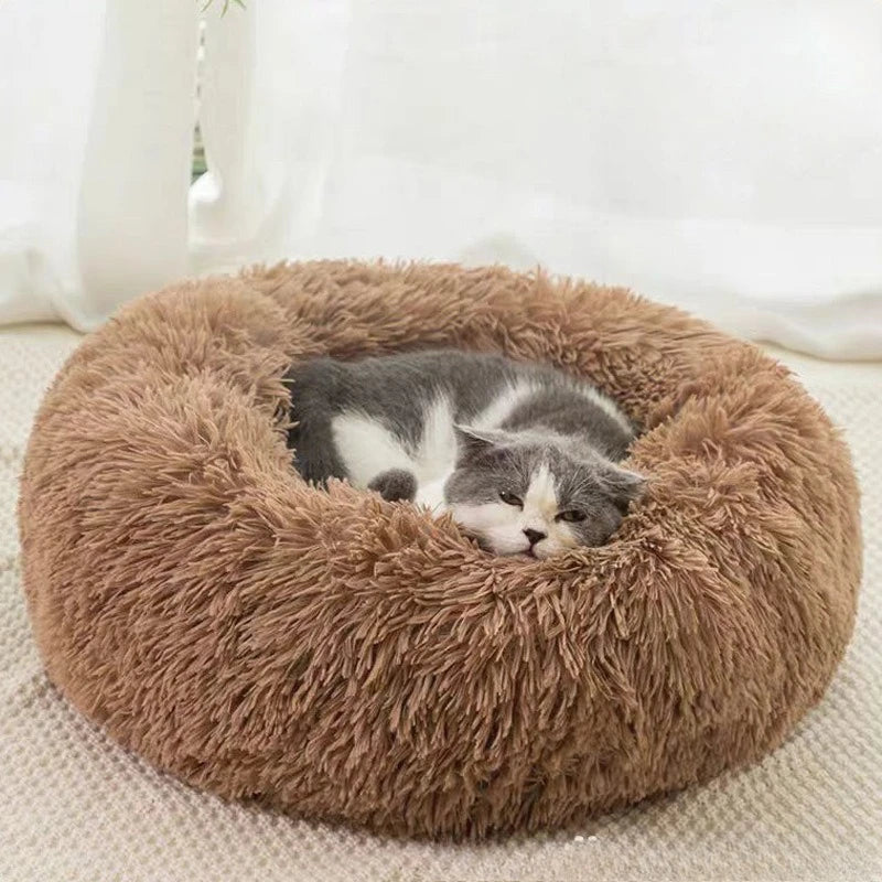Warm Plush Round Pet Bed for Cats and Dogs, Striped Soft Nest for Deep Sleep, Indoor Use – Gray