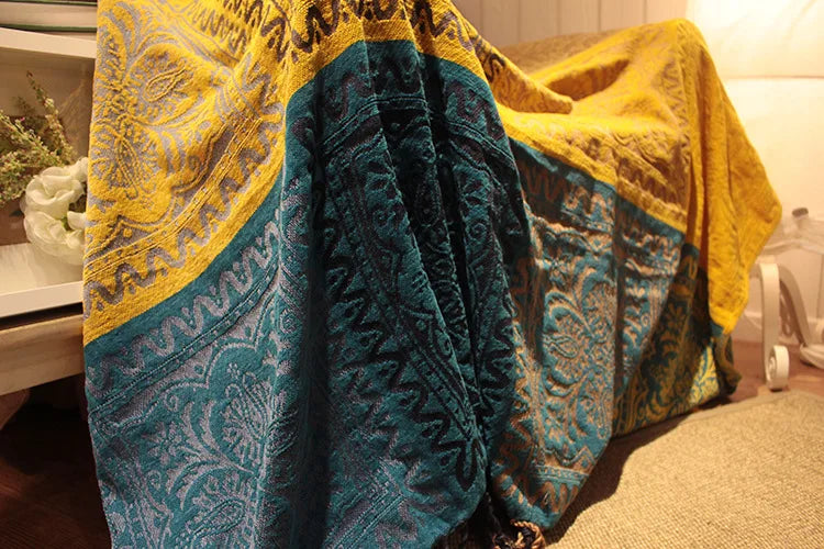 Mediterranean Bohemian Chenille Sofa Throw – Colorful Plaid Blanket with Tassels