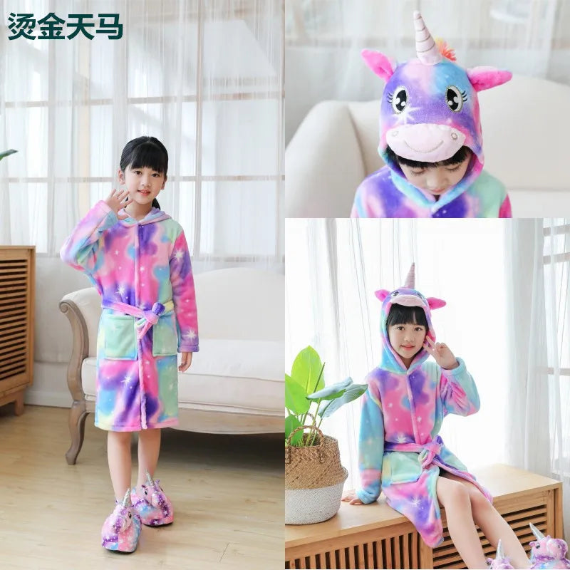 Children Bathrobe Unicorn Kigurumi Pajamas – Hooded Fleece Kids Bath Robe Nightgown for Girls Boys Baby