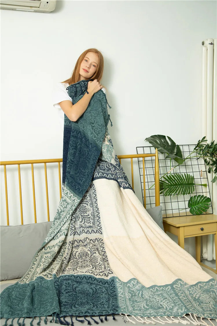 Mediterranean Bohemian Chenille Sofa Throw – Colorful Plaid Blanket with Tassels