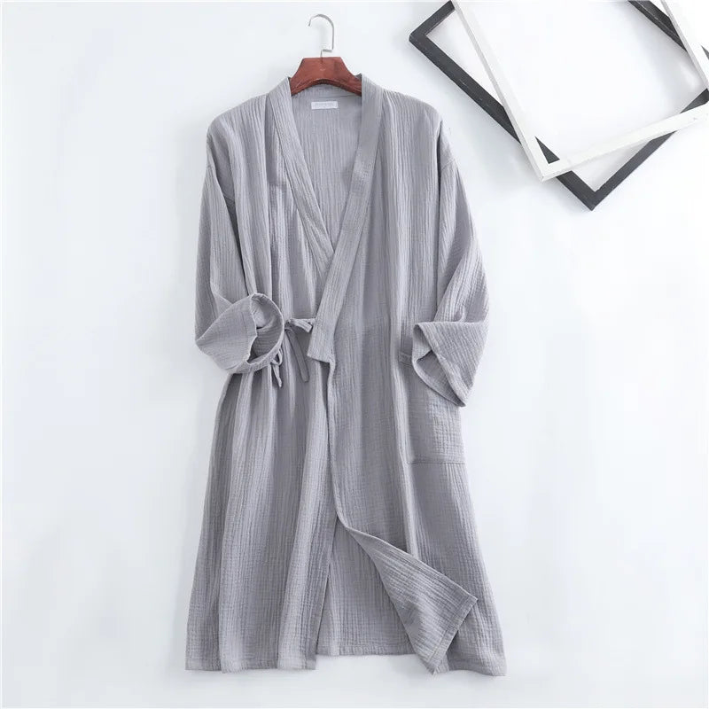 Lightweight Japanese Kimono Robe for Men & Women, Cotton Crepe Sleepwear Bathrobe for Spring & Autumn