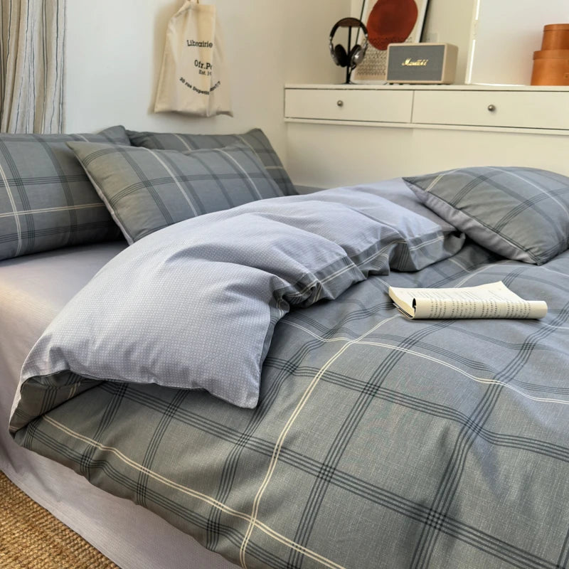 100% Cotton Plaid Style Duvet Cover Set with 2 Pillowcases - Soft & Breathable Bedding Set, Hypoallergenic, Easy Care