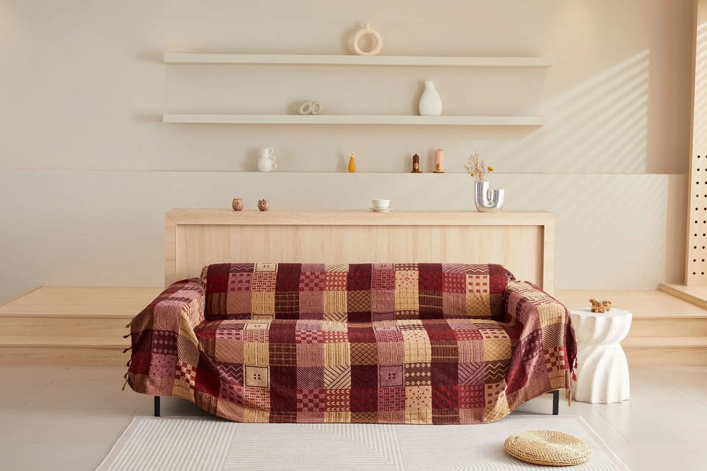 Mediterranean Bohemian Chenille Sofa Throw – Colorful Plaid Blanket with Tassels