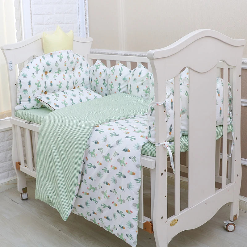 100% Cotton Crib Bed Linen Kit – Crown Design Baby Crib Bedding Set with Bumpers, Pillow, Quilt & Mattress Cover