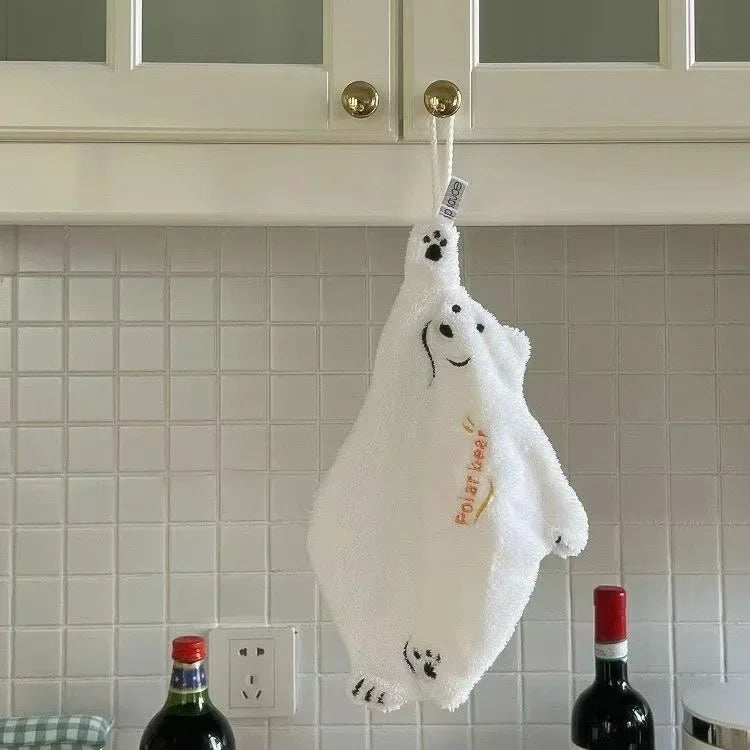Polar Bear Hanging Hand Towel – Super Absorbent Thick Coral Fleece Cartoon Kitchen Wiping Towel