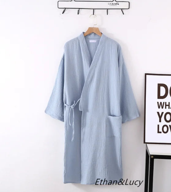 Lightweight Japanese Kimono Robe for Men & Women, Cotton Crepe Sleepwear Bathrobe for Spring & Autumn