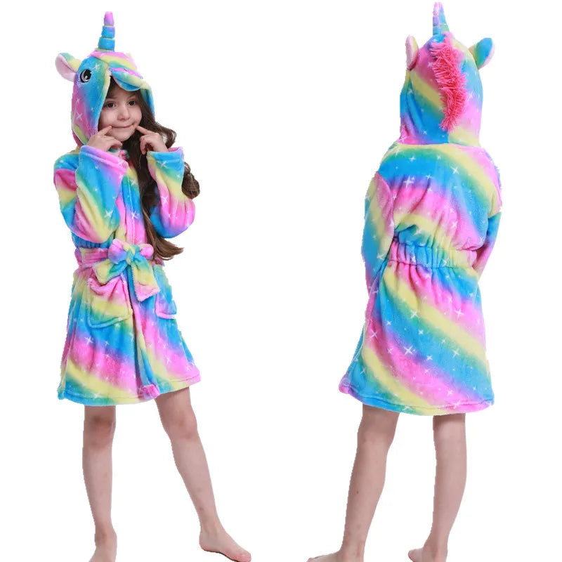 Children Bathrobe Unicorn Kigurumi Pajamas – Hooded Fleece Kids Bath Robe Nightgown for Girls Boys Baby
