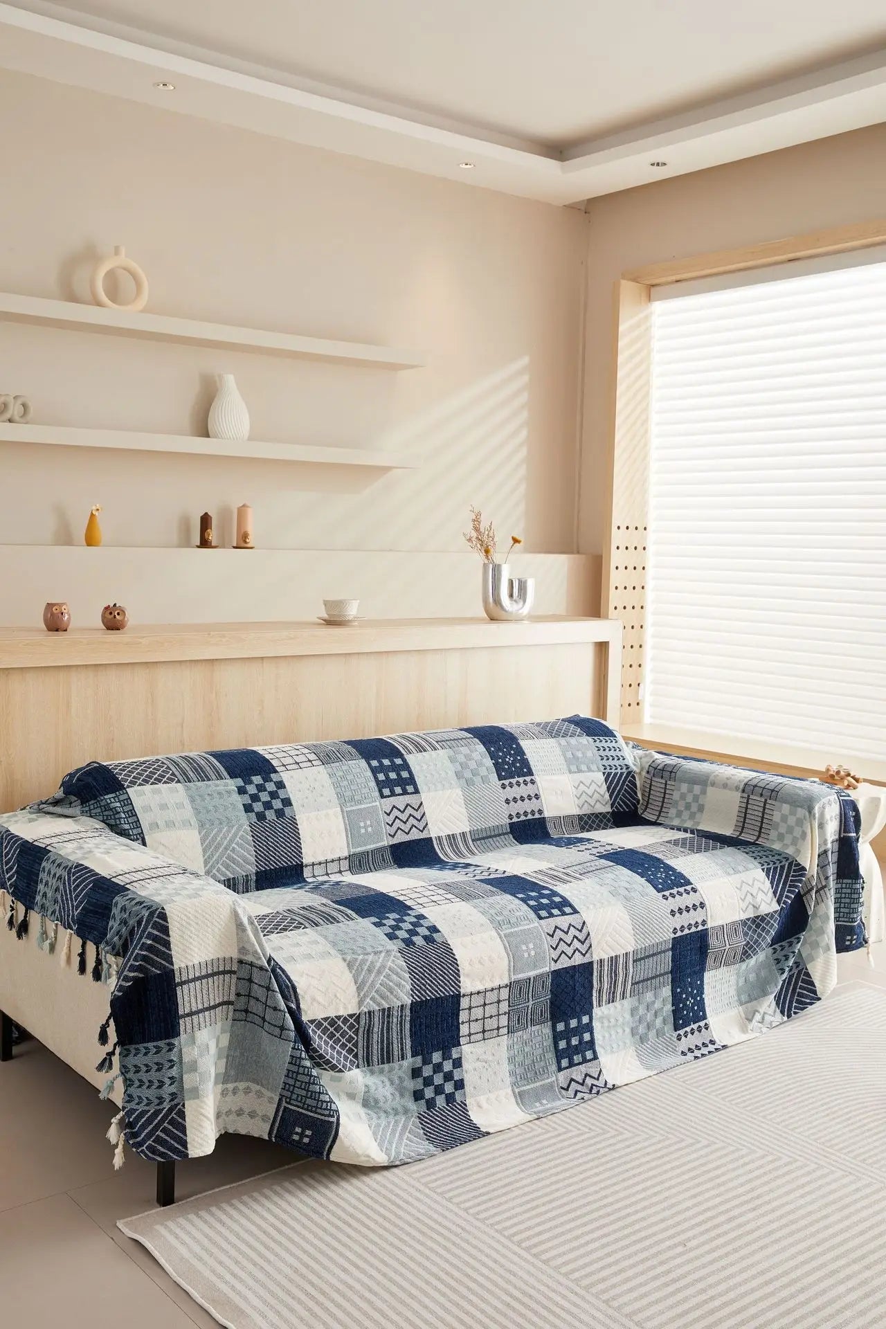 Mediterranean Bohemian Chenille Sofa Throw – Colorful Plaid Blanket with Tassels