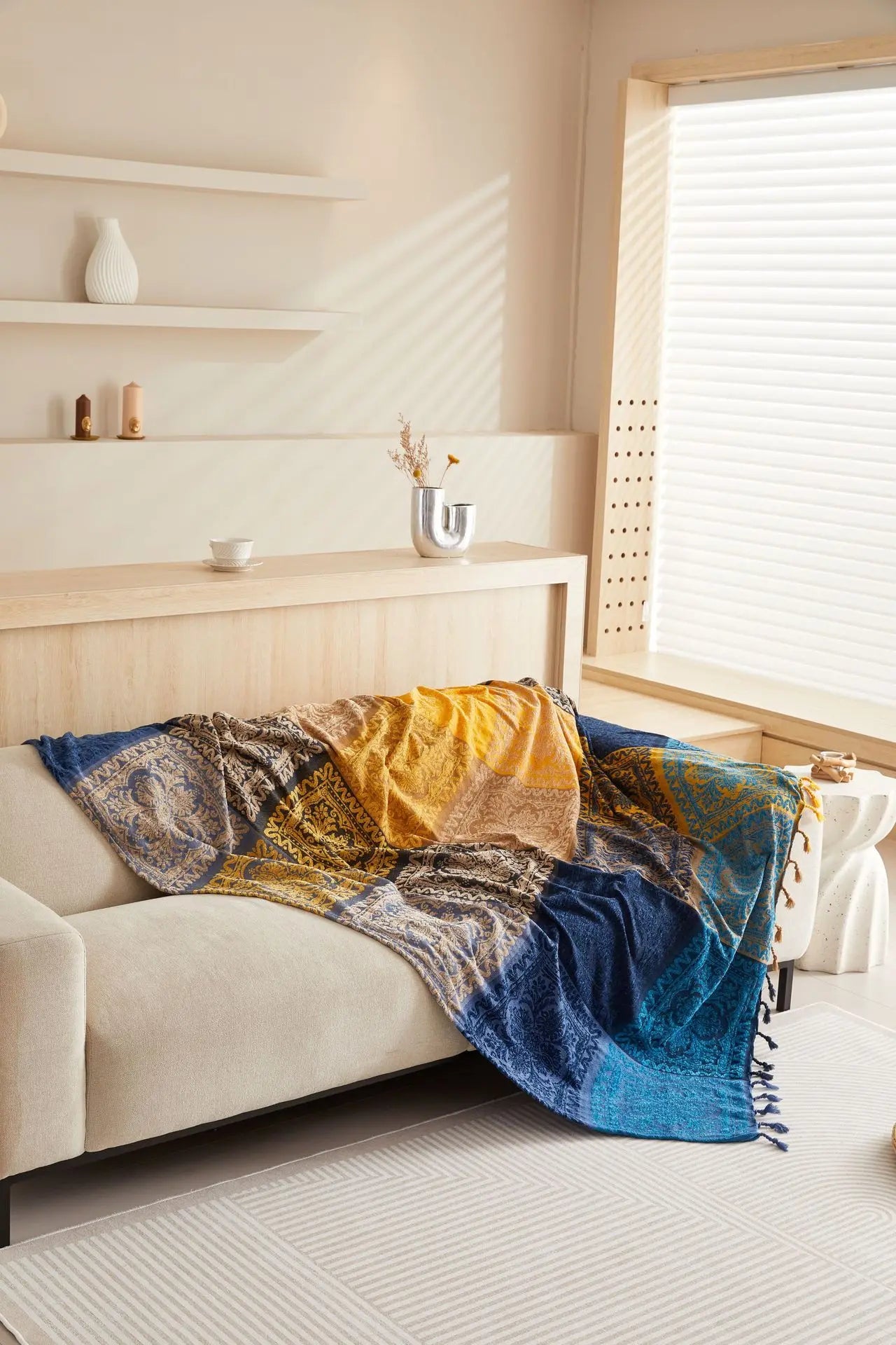 Mediterranean Bohemian Chenille Sofa Throw – Colorful Plaid Blanket with Tassels