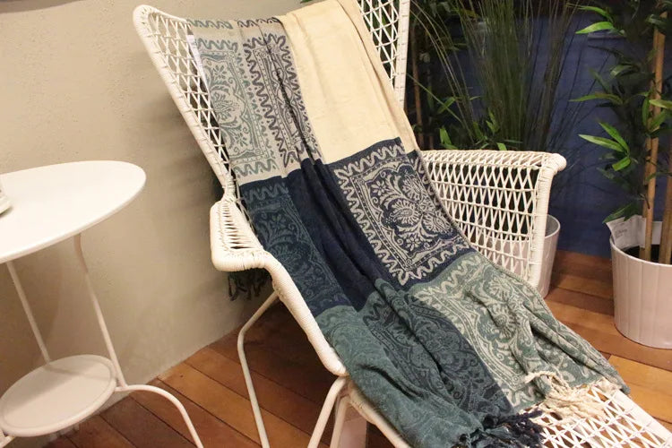 Mediterranean Bohemian Chenille Sofa Throw – Colorful Plaid Blanket with Tassels