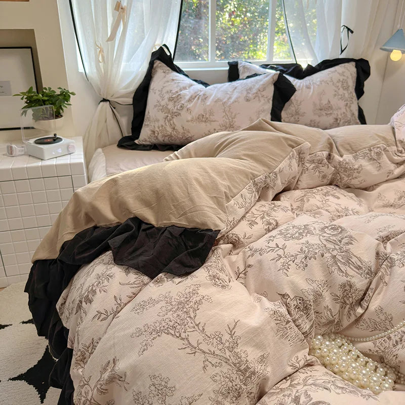 1.5m 1.8m Korean Style Cotton Fitted Sheet Set, Lace Floral Print Bedding for All Seasons – Adults & Kids