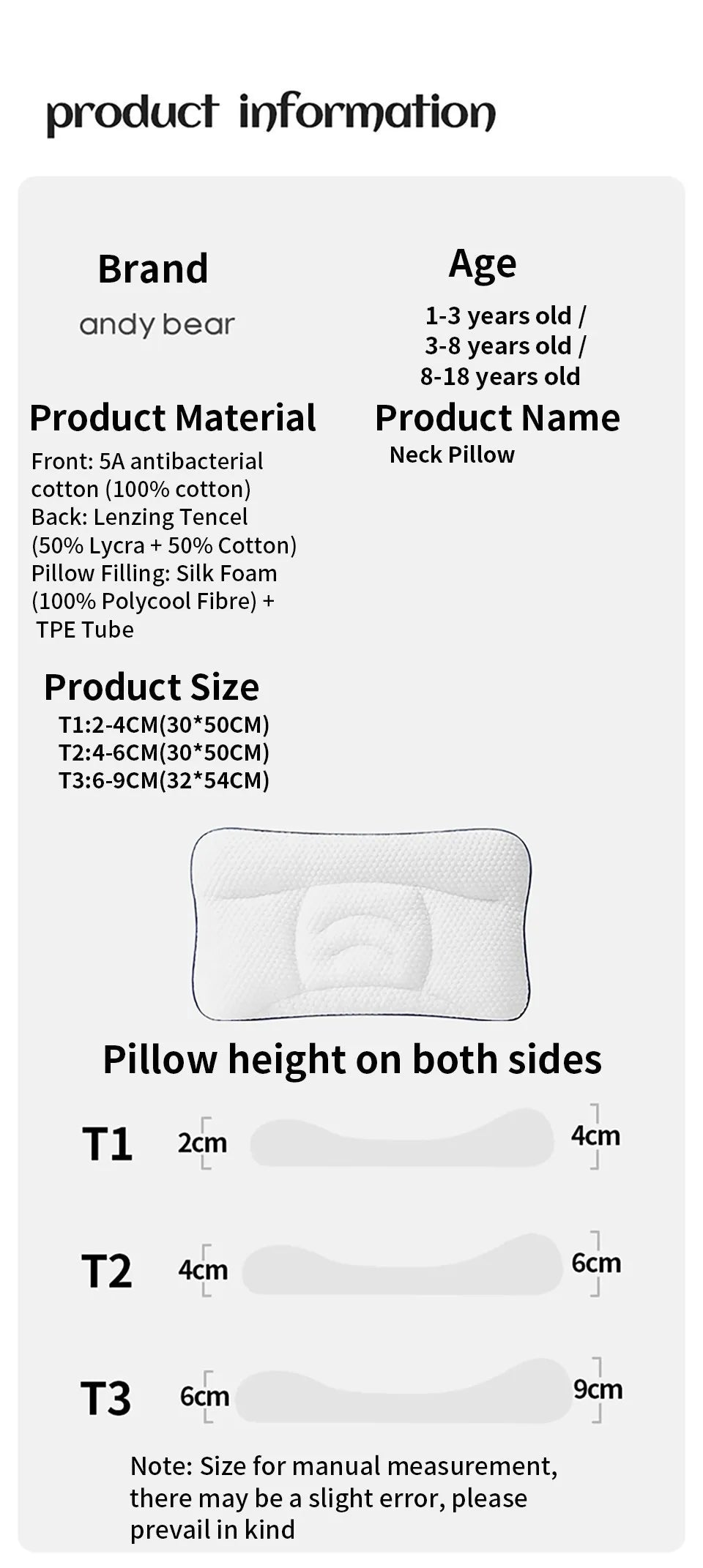 AIBEDILA Baby Neck Pillow 1–3 Years, Antibacterial Cotton Shaping Pillow, Massage Support, Breathable Cartoon Pillow